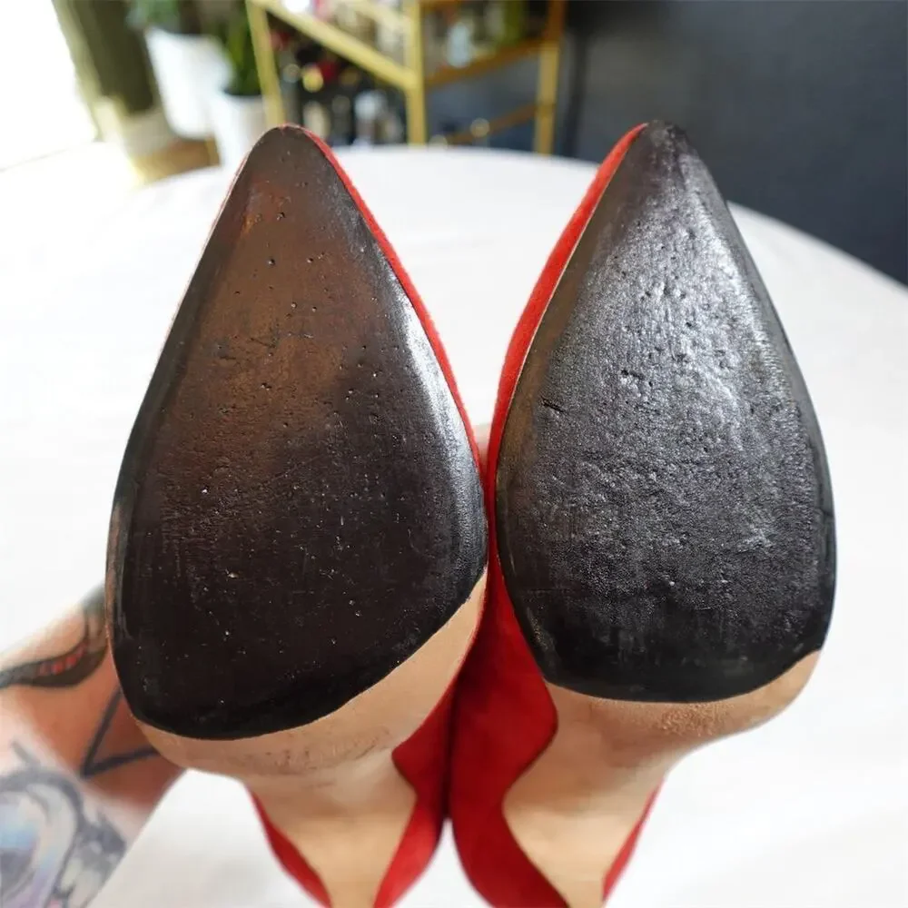 Anthropologie Vanessa Tao Pointed Toe Pumps Size 38 7.5 Red Suede Leather Heels‎